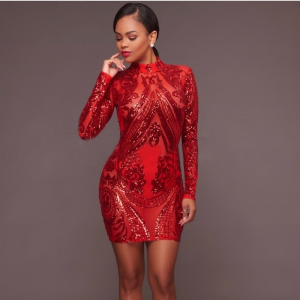 Red Sequin Long Sleeve Banjul Dress